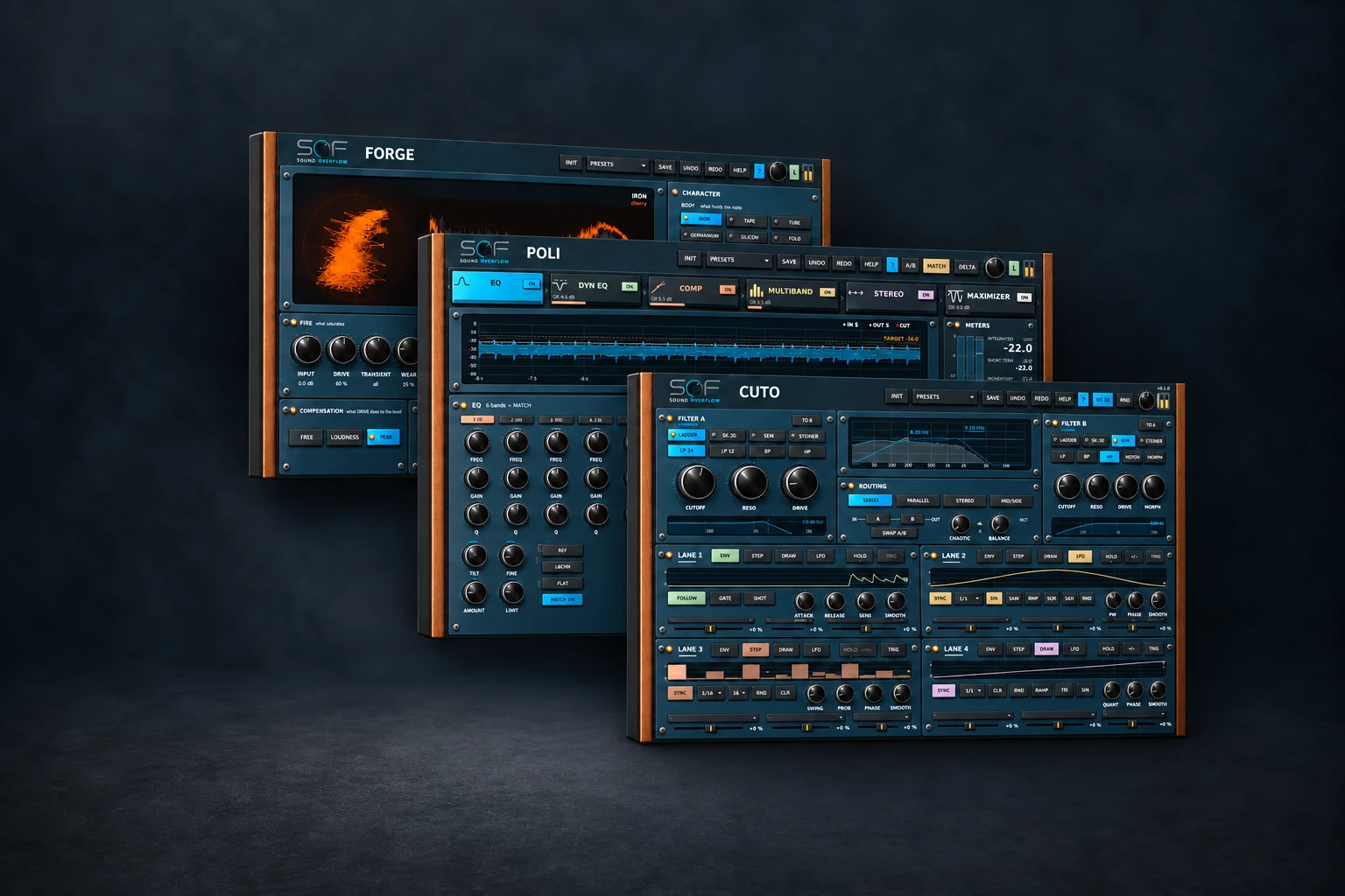 Les trois plugins du bundle FX Premium : FORGE, POLI et CUTO