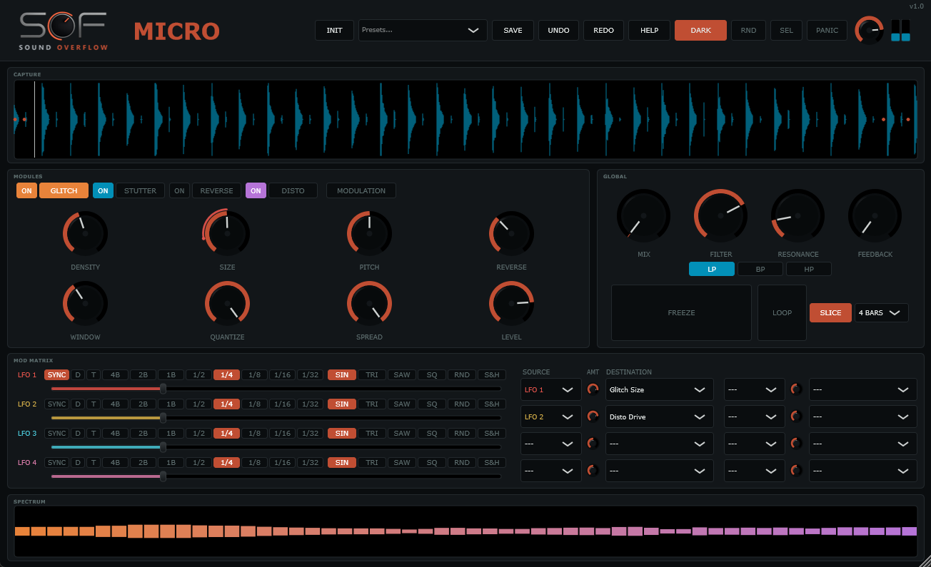 MICRO interface, dark theme