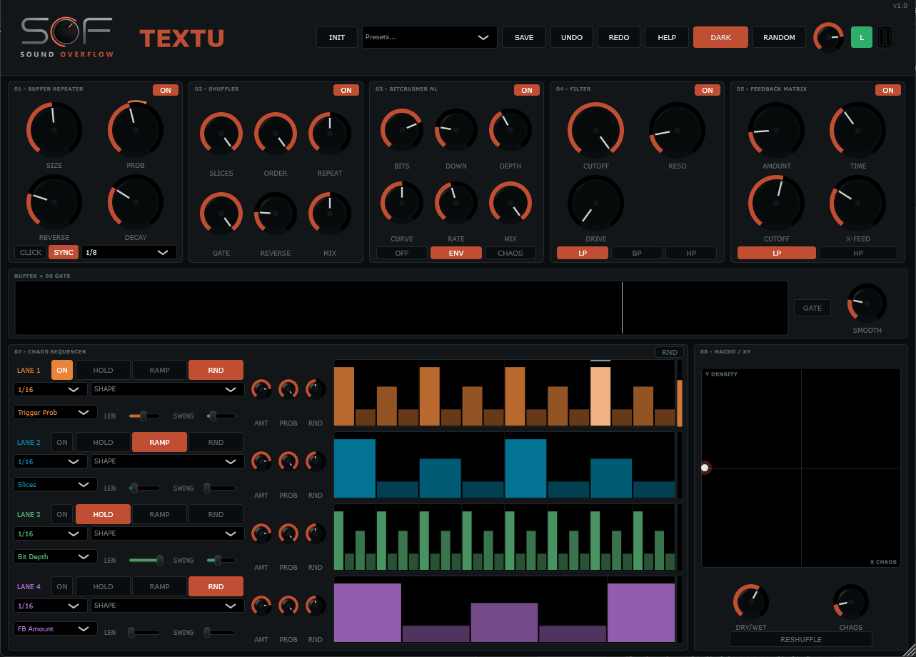 TEXTU interface, dark theme